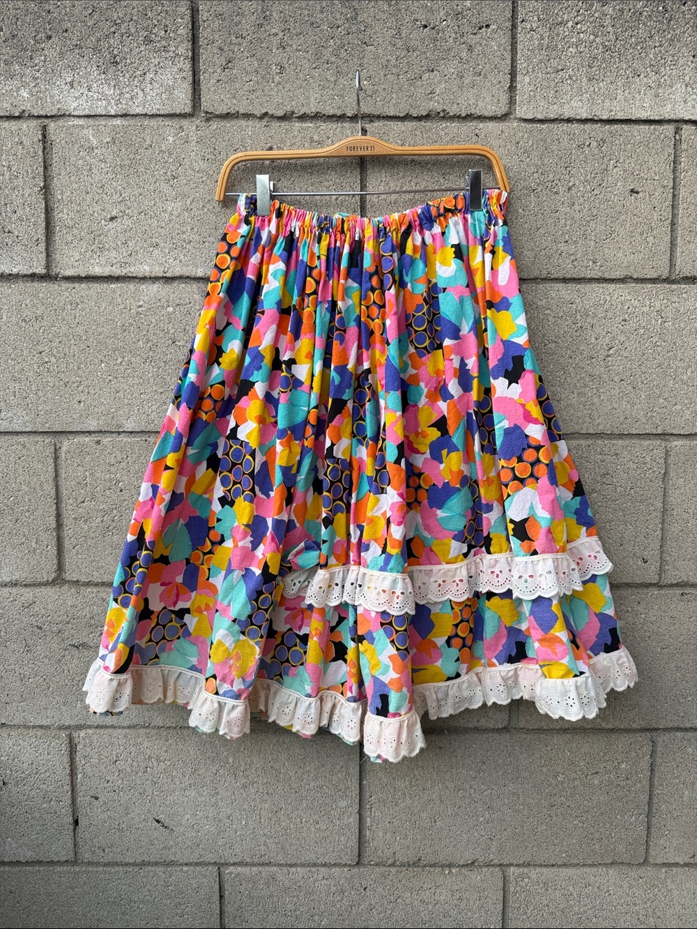 Vintage Colorful Floral Cotton Skirt with Lace Trim